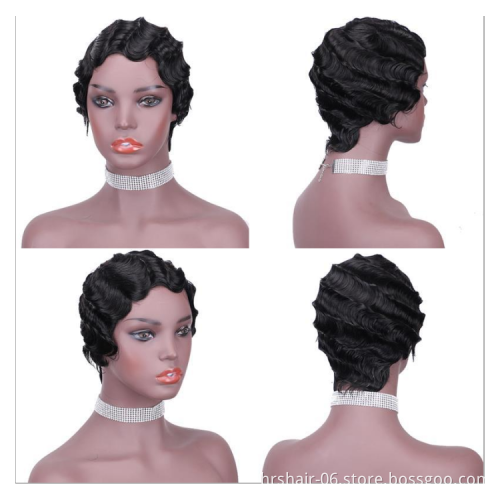 whosale vindors short curly100% human wigs ,  finger wave 100% brazilian human hair pixie short wigs for black women
